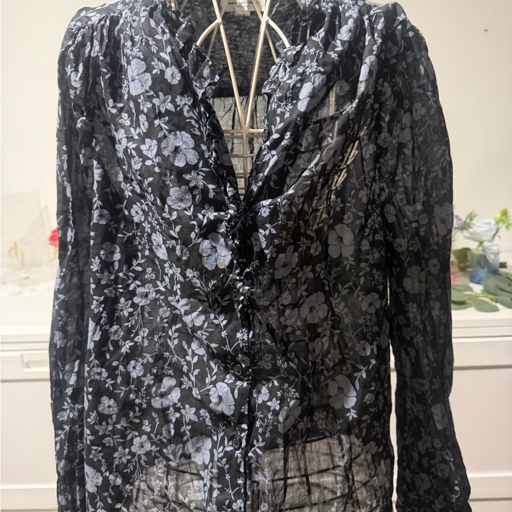 beachlunchlounge Black Sheer Floral Ruffle Blouse